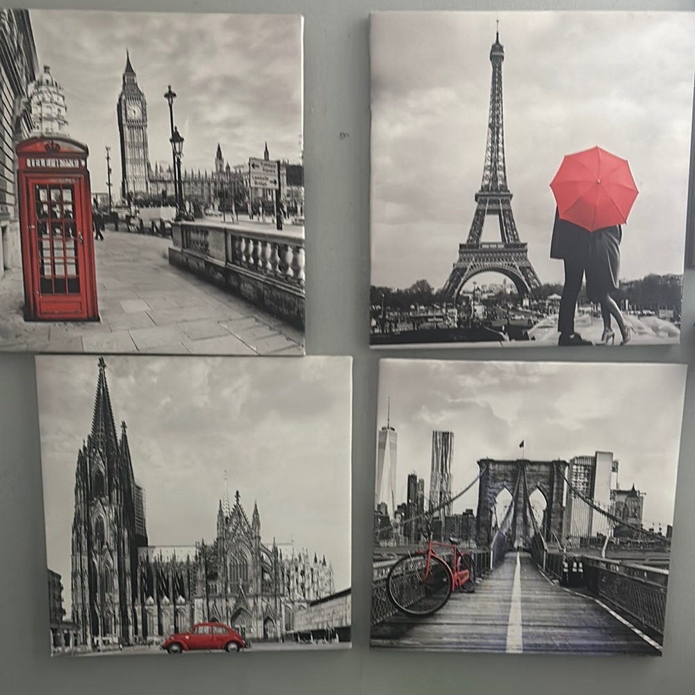 Set of 4 Black and White Cityscape Canvas Prints with Red Accents